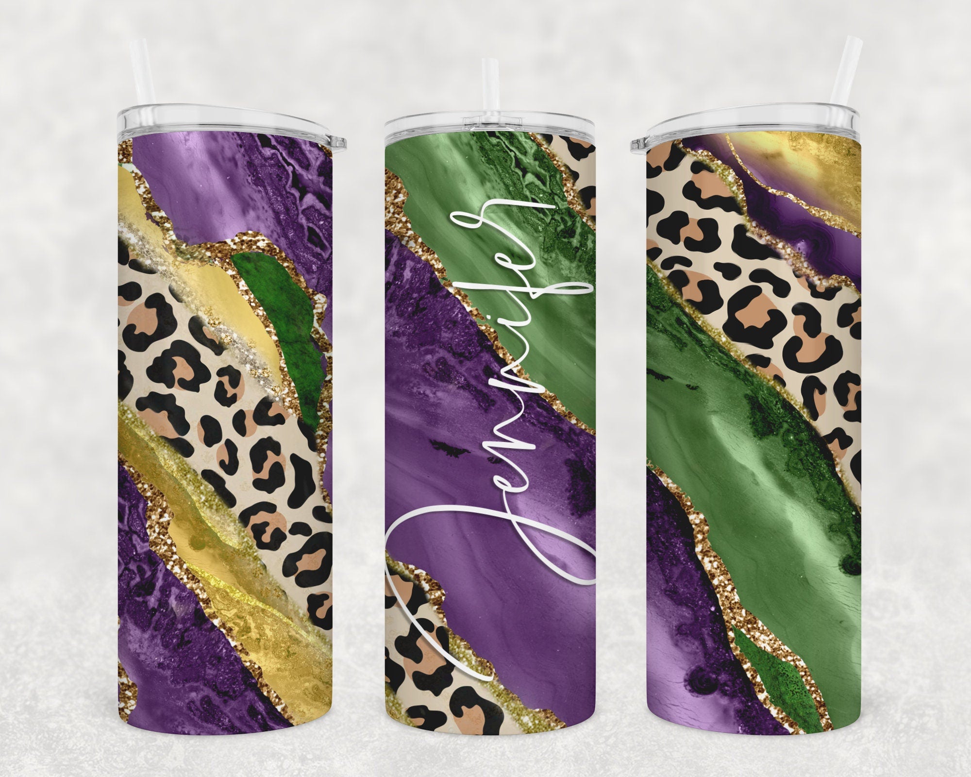 Purple Green and White Leopard Marble Mardi Gras Stainless Steel Tumbl -  Sage Grove Designs